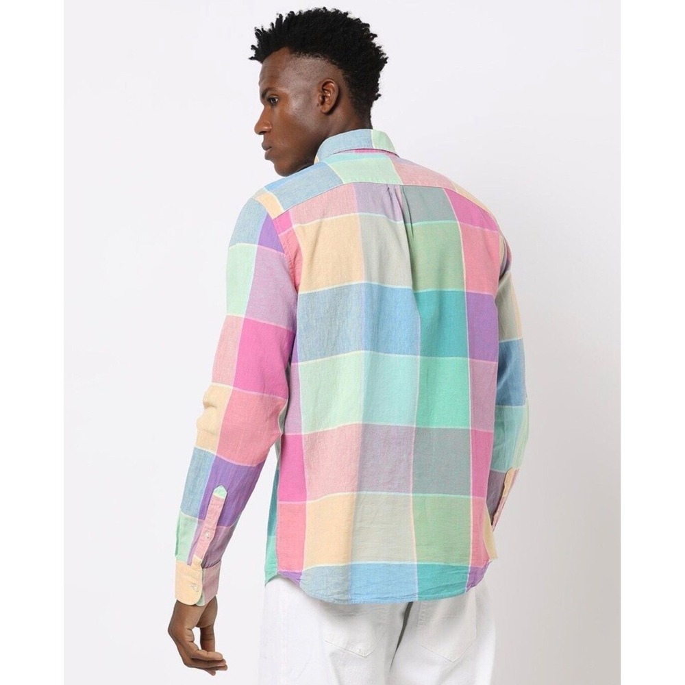 GAP Mens Pastel Multi-Color Plaid Linen Blend Button Down Shirt‎ Long Sleeve XL